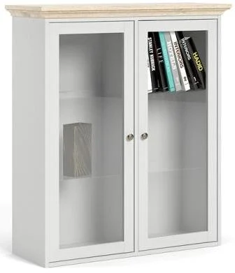 Frisenborg 100 cm bred hængevitrine hvid og ege look med 2 glasdøre.
