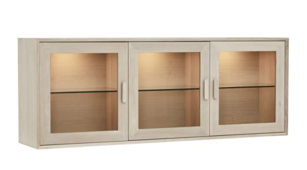 Egeskov hængevitrine i hvidolieret ege finér 160 x 60 cm med 3 skabe med indbygget LED lys