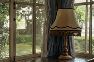 Bordlampe med stofskærm i et vindue
