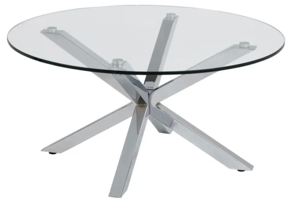 Sorgenfri rundt sofabord 82 cm glasplade og forkromet metalstel.