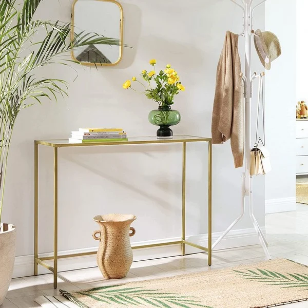 Konsolbord - sidebord med hærdet glas og gyldent stel 100x35x80
