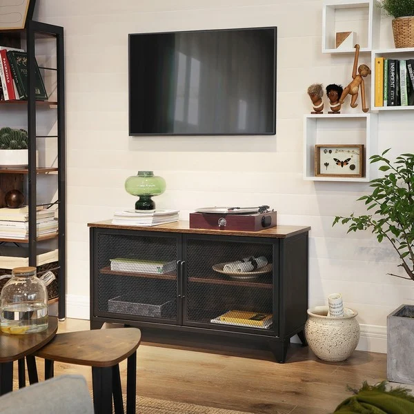Skænk - TV-bænk og TV-bord - rustik brun træ og sort stål