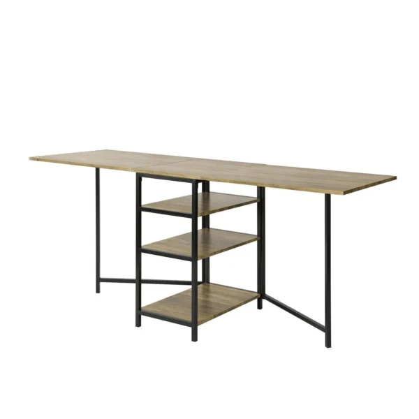 Klapbord med 3 hylder, multifunktionel langt foldebord, brun