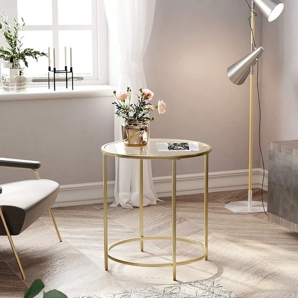 Sidebord - rundt sofabord med hærdet glas og gyldent stel - Ø50