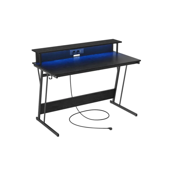 Gamerbord med skærmstativ, LED-lys og strøm - sort 120x60x76