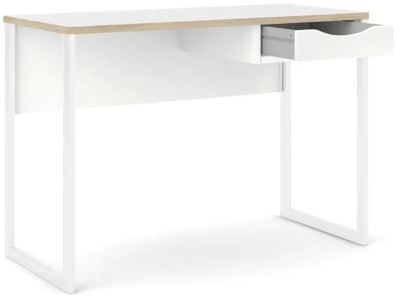 Prestige mat hvidt skrivebord med 1 skuffe og metalstel.