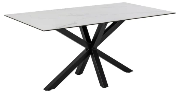Sorgenfri spisebord med hvid keramisk bordplade og sort metalstel.