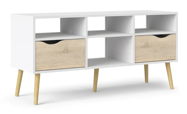 Odense ca 120 cm bredt TV bord hvid og ege look med 2 skuffer og 4 rum.