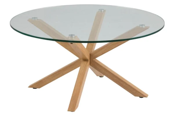 Sorgenfri rundt sofabord 82 cm glasplade og metalstel med ege folie.