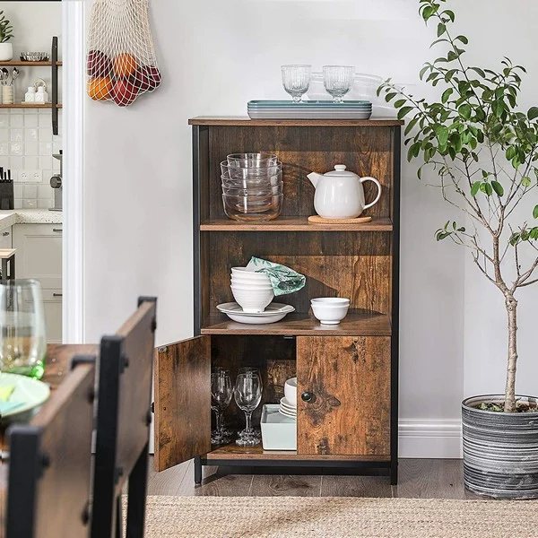 Reol - bogreol med 2 hylder og skab - rustik brun 60x32x104
