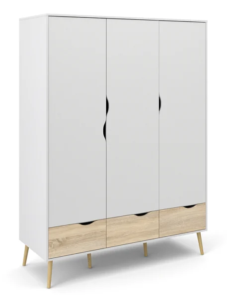 Odense 150 cm bredt hvidt garderobeskab med 3 låger og 3 ege look skuffer.