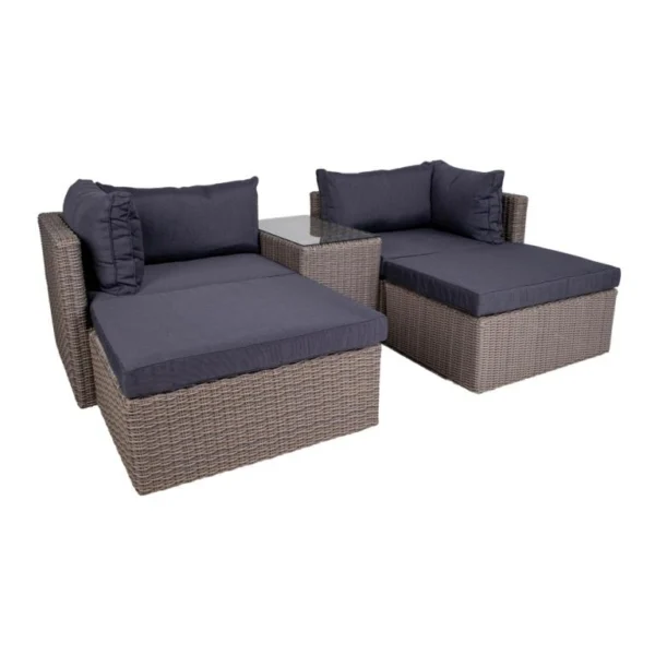 Bahama sofasæt i kubu grå rattan med hynder og glasbordplade.