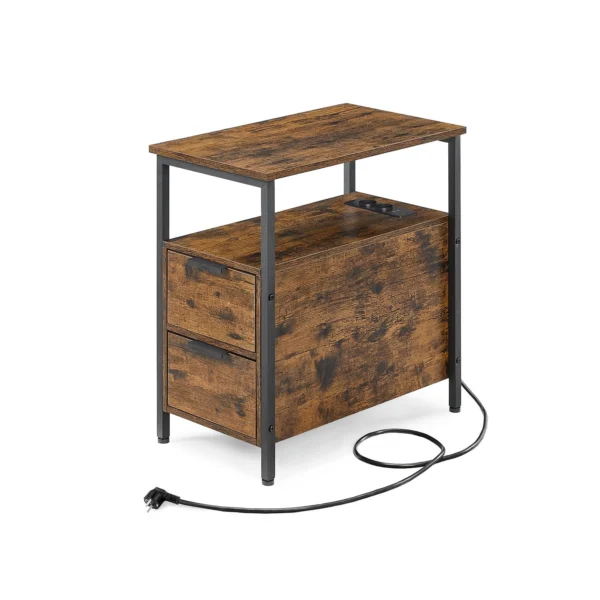 Sengebord med strømstik - natbord - rustik brun sidebord