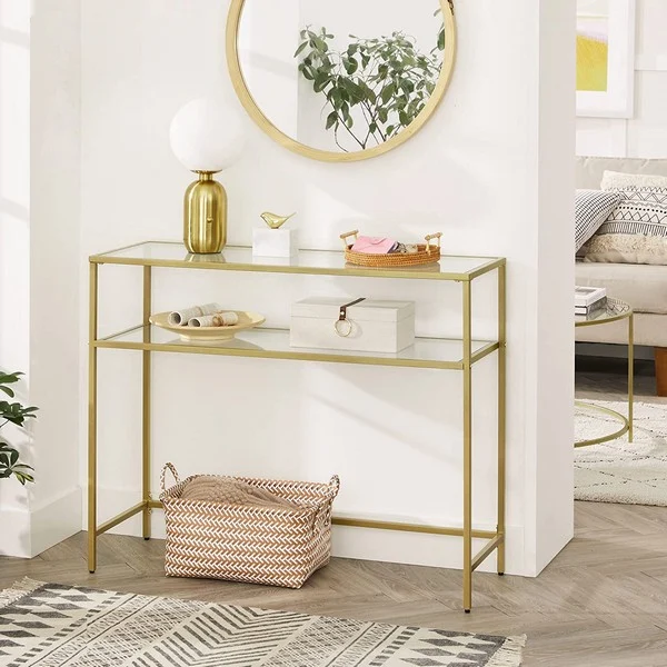 Konsolbord - sidebord med hærdet glas og gyldent stel 100x35x80