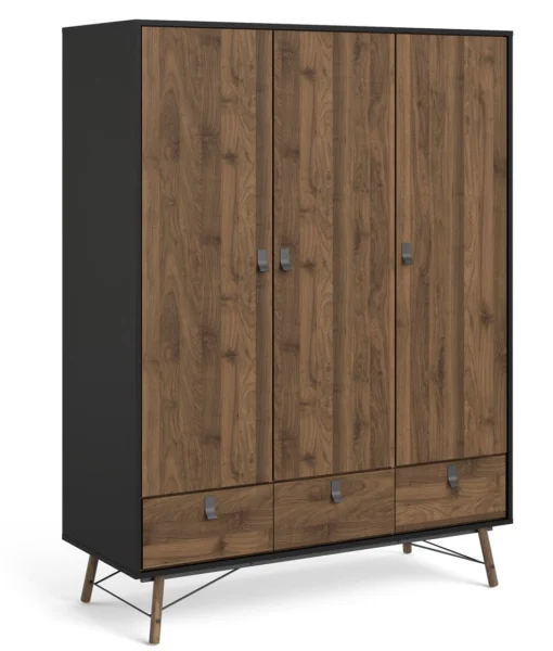 Sorø garderobeskab 150 cm bredt, 3 skabe og 3 skuffer, matsort/valnød look