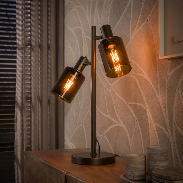 Sienna - Bordlampe i bronzefarvet metal og to brune glasskærme Levering med pære(r)