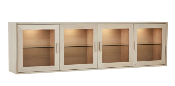 Egeskov hængevitrine i hvidolieret ege finér 212 x 60 cm med 4 skabe med indbygget LED lys