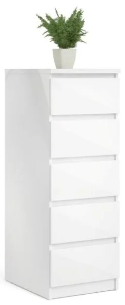 Nibe 40 cm smal kommode i hvid højglans og med 5 skuffer.