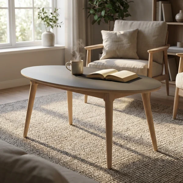 CT 10 - Elipseformet sofabord i antrcitgrå linoleum og stel i eg